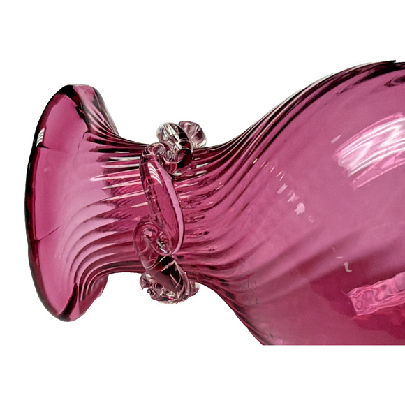 Vintage Pilgrim Art Glass Cranberry Optic Swirl Vase Ruffle Top Clear Filigree - Picture 5 of 12